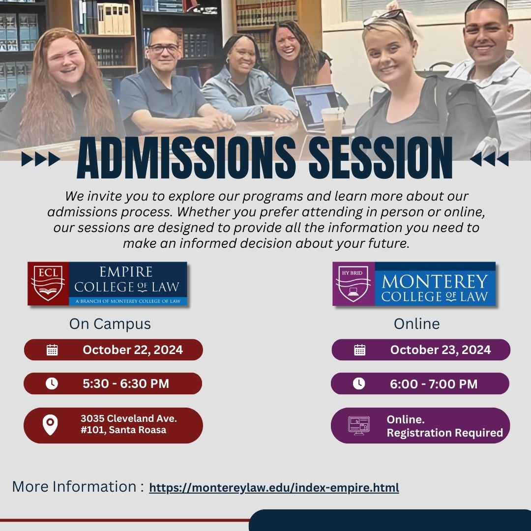 Admissions Session in blue text on a grey background. Image of diverse student group in a library. Information about on campus session in white text on a brick red background. Information of online session in white text on a purple background. 