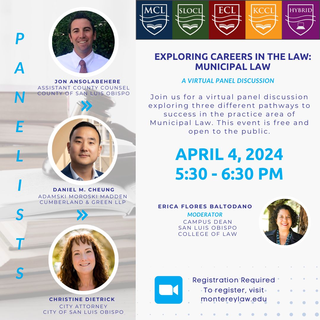 Exploring Careers in the Law Invitation - white background with blue letter and photos of presenters