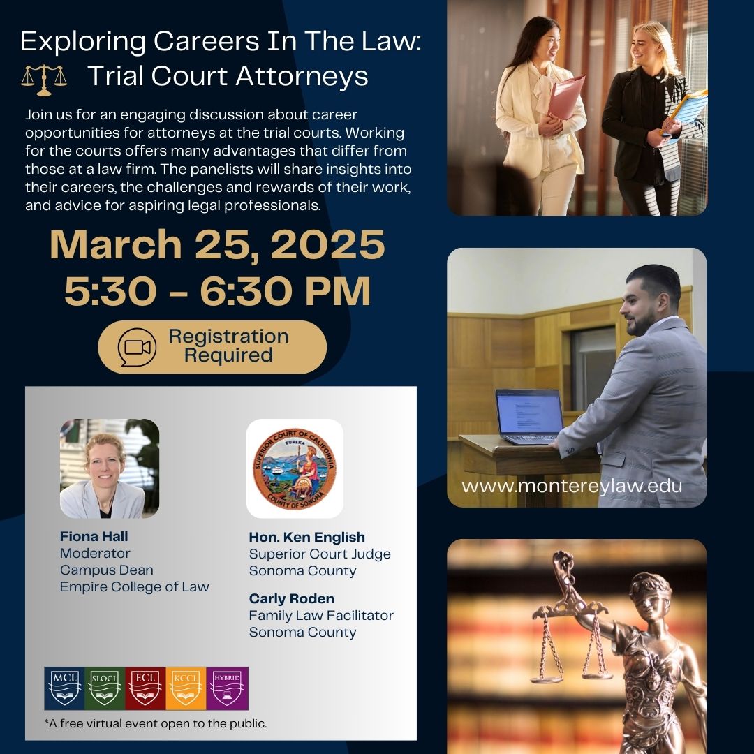 Exploring Careers in the Law Invitation - white and brown text on a dark blue background with photos on the right side.