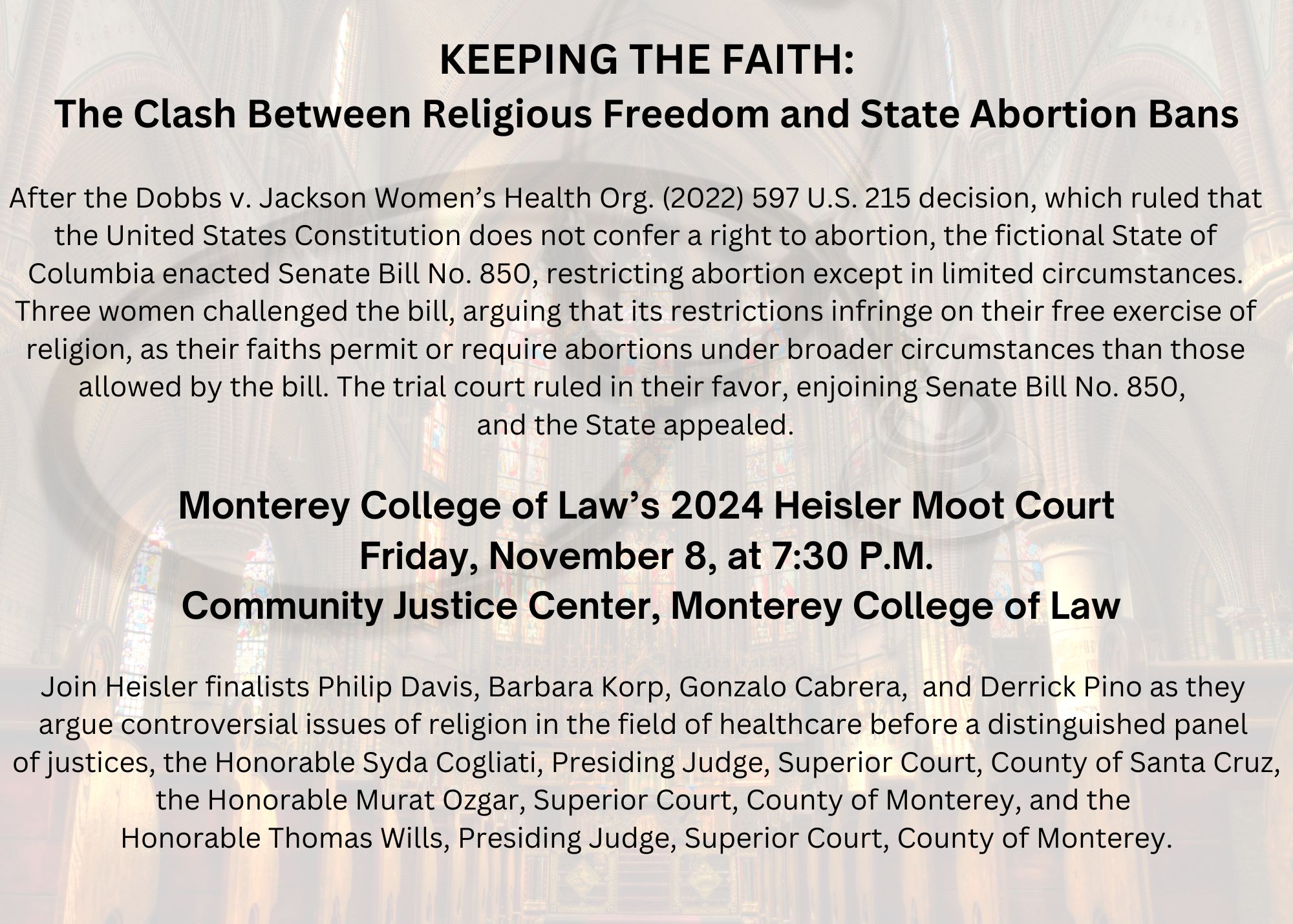 2024 Heisler Moot Court Invitation, black text on white ground and image of a stethoscope in background