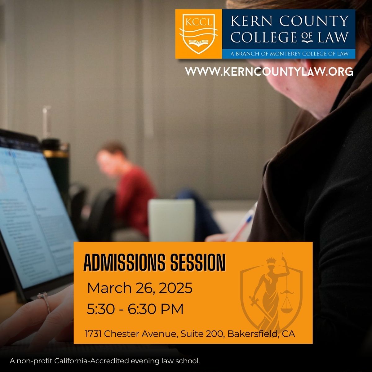 Admissions Session text with date and time in black on an orange background. Image of students in the background.
