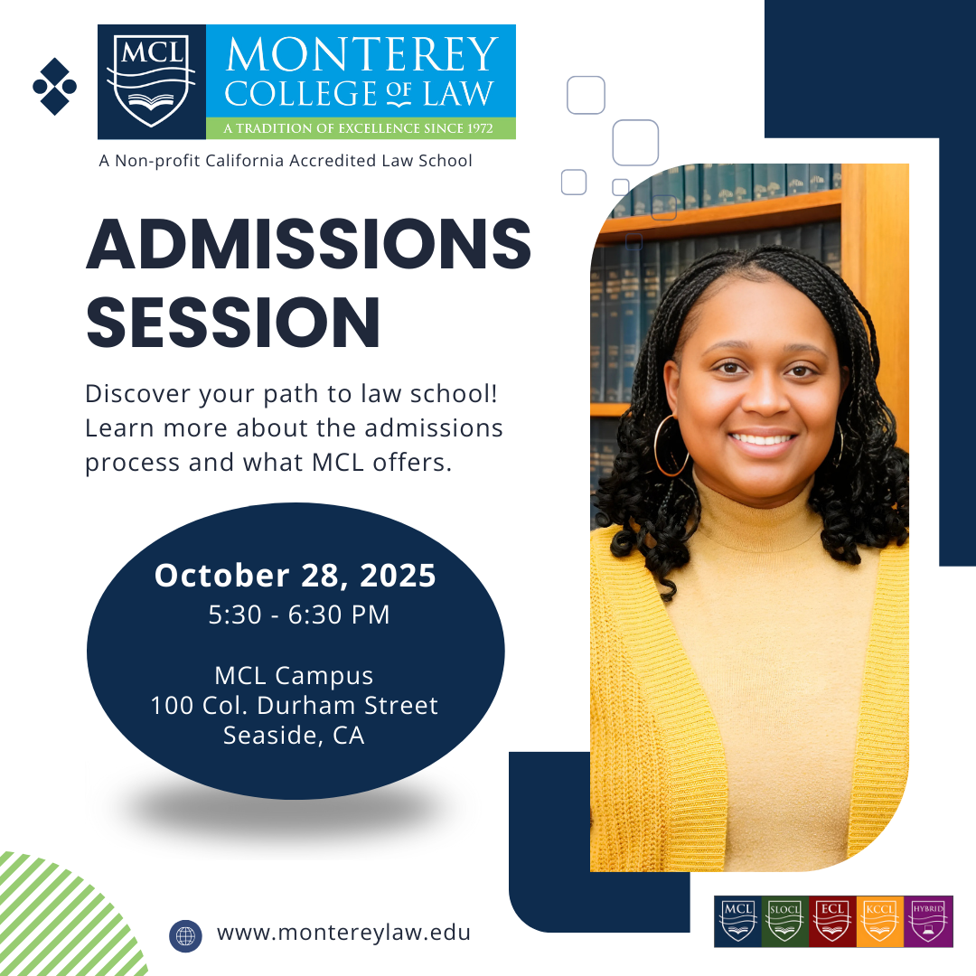 Admissions Information Session invitation with text in blue and a female student on the right.