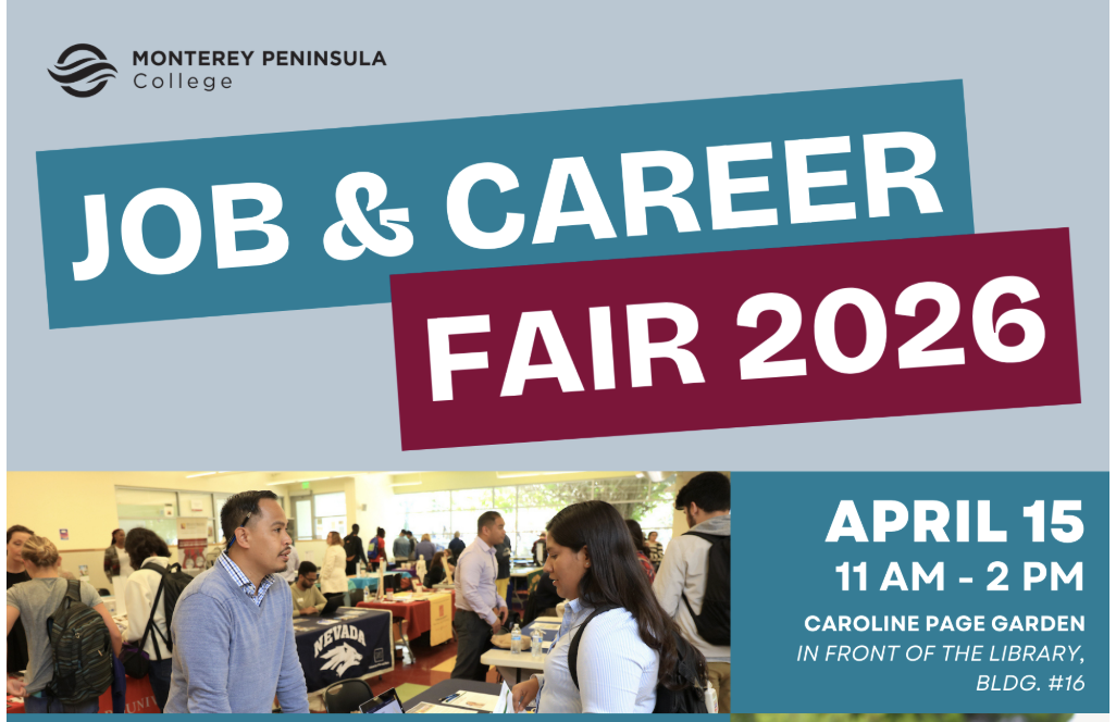 Job and Career Fair Announcement. White text on teal and red background. Photo of student and college rep on the left. 