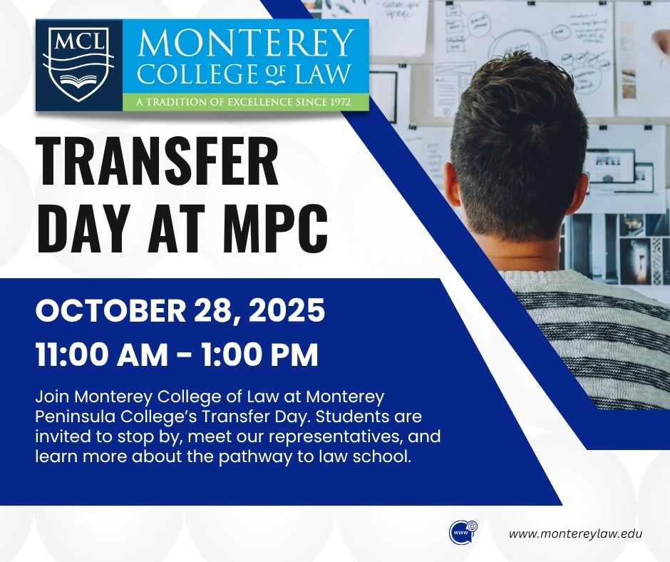 Transfer Day announcement. Student looking at announcement board, text in black and white, with MCL Logo in top left corner. 