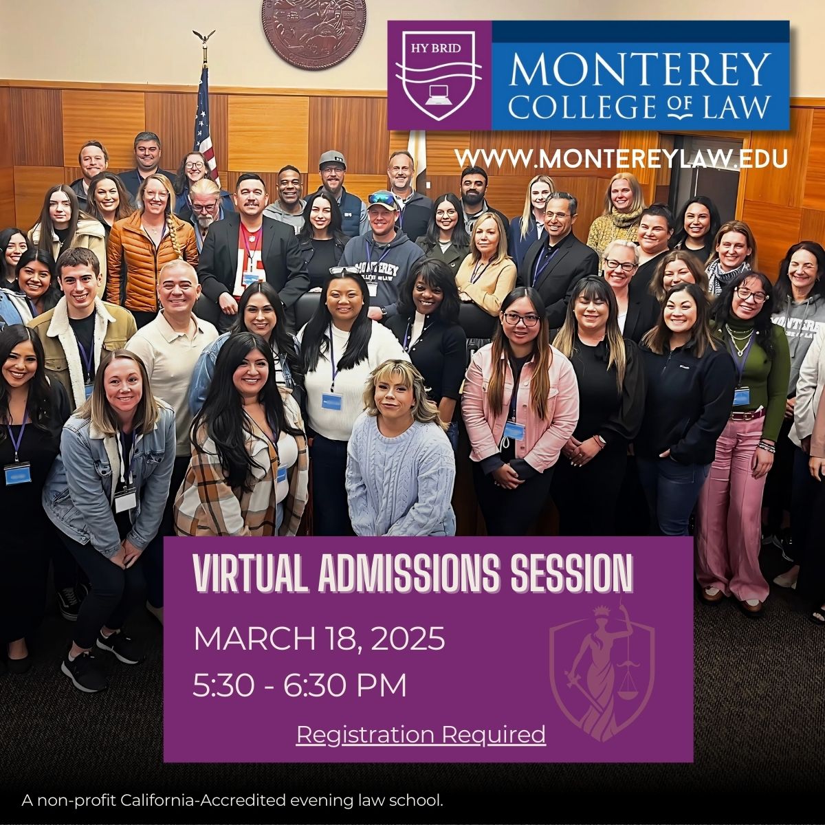 Virtual Admissions Session Invitation with diverse students in a courtroom. White text on a purple background.